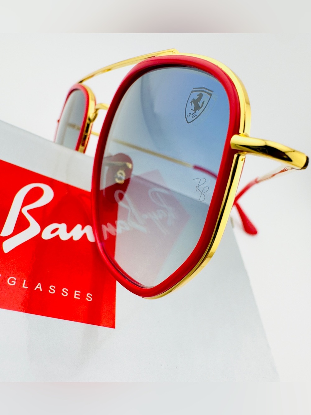 Ray-Ban Scuderia Ferrari Sunglasses RB3748M Gold Frame Light Blue Gradient Lens - Picture 14 of 15